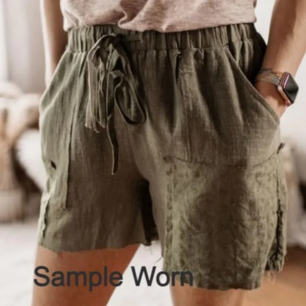 GiGiO Navy Crinkled woven frayed raw edge shorts with elastic tie waist  5194 - Picture 2 of 7